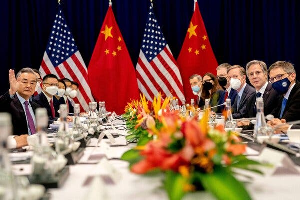 Mr. Wang, far left, meeting last month with Secretary of State Antony Blinken, second from right, in Bali. Mr. Wang’s only trip to the United States during the Biden presidency was a rancorous meeting last year in Alaska.