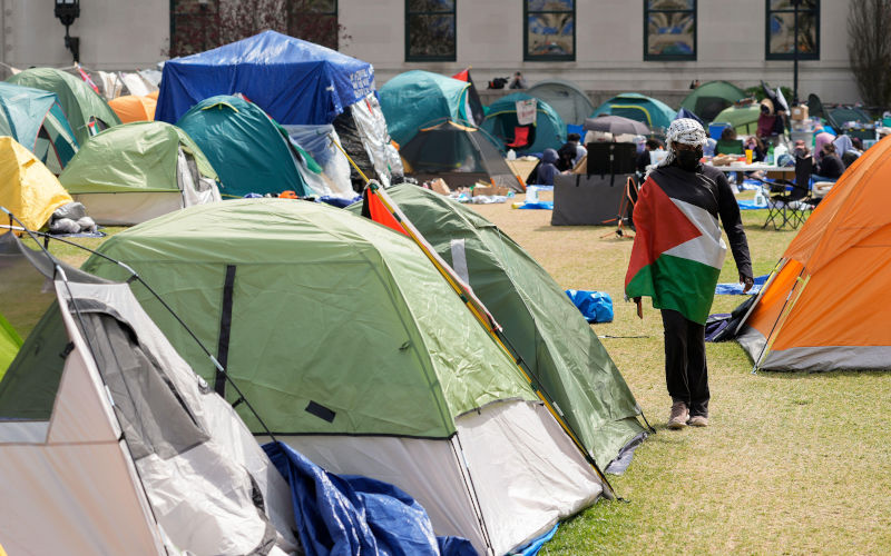 New York, USA. 30th Apr, 2024. Student protesters camp on the campus of Columbia University, Tuesday, April 30, 2024, in New York. Early Tuesday, dozens of protesters took over Hamilton Hall, locking arms and carrying furniture and metal barricades to the building. Columbia responded by restricting access to campus. Image: Alamy/Photo by Mary Altaffer/Pool/Sipa USA /Sipa USA/Alamy Live News