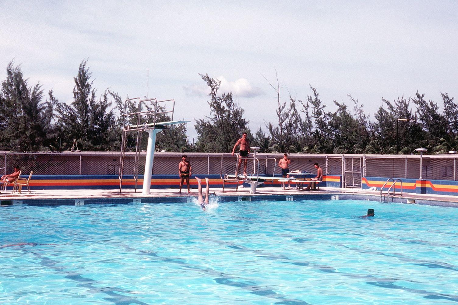 United States Naval Construction Battalions known as the "Seabees" at the swimming pool in Diego Garcia, 1981