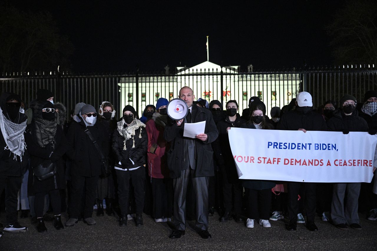 Former State Department official Josh Paul joined a pro-ceasefire rally by Biden administration officials, many of whom concealed their identities, in front of the White House on December 13, 2023.