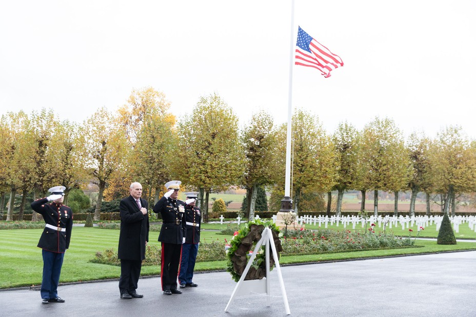 Picture of the White House Chief of Staff General John Kelly and Chairman of the Joint Chiefs of Staff General Joseph F. Dunford visiting the Aisne-Marne American Cemetery and Memorial Saturday. Nov 10, 2018, in. Belleau, France