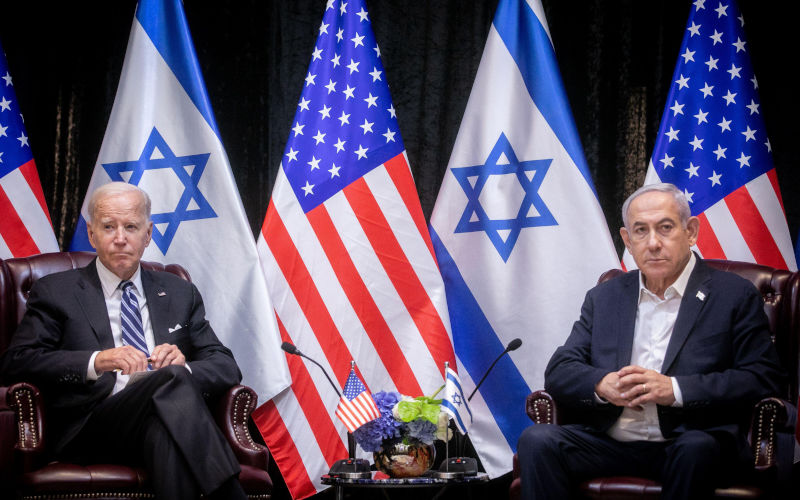 Tel Aviv, Israel. 18th Oct, 2023. U.S. President Joe Biden, left, meets with Israeli Prime Minister Benjamin Netanyahu, right, to discuss the war between Israel and Hamas, in Tel Aviv, Israel, Wednesday, October 18, 2023. Image: Alamy/ Pool Photo by Miriam Alster/UPI Credit: UPI/Alamy Live News