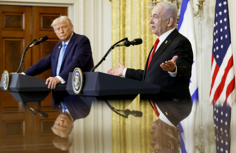 Israeli Prime Minister Benjamin Netanyahu (R) and US President Donald J. Trump (L) during a joint press conference in the East Room of the White House in Washington, DC, USA, 04 February 2025. President Trump, who is hosting his first in-person meeting with another world leader since returning to the White House, and Prime Minister Netanyahu are set to discuss the Israeli cease-fire with Hamas, Iran's nuclear program and future arms shipments, among other bilateral issues.Credit: Shawn Thew/Pool via CNP Photo via Newscom Contributor: Newscom / Alamy Stock Photo Image ID: 2SBYHCM