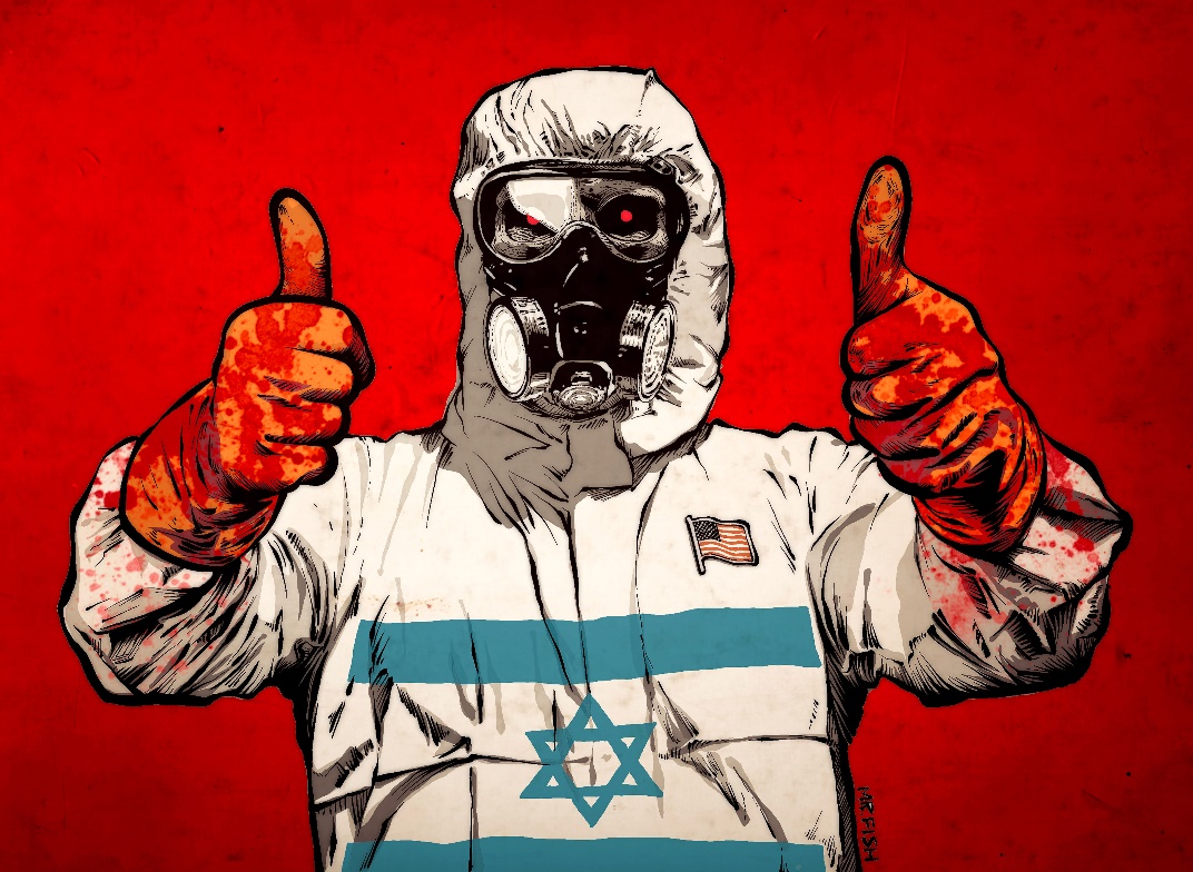 A person wearing a gas mask and gloves giving thumbs up

Description automatically generated