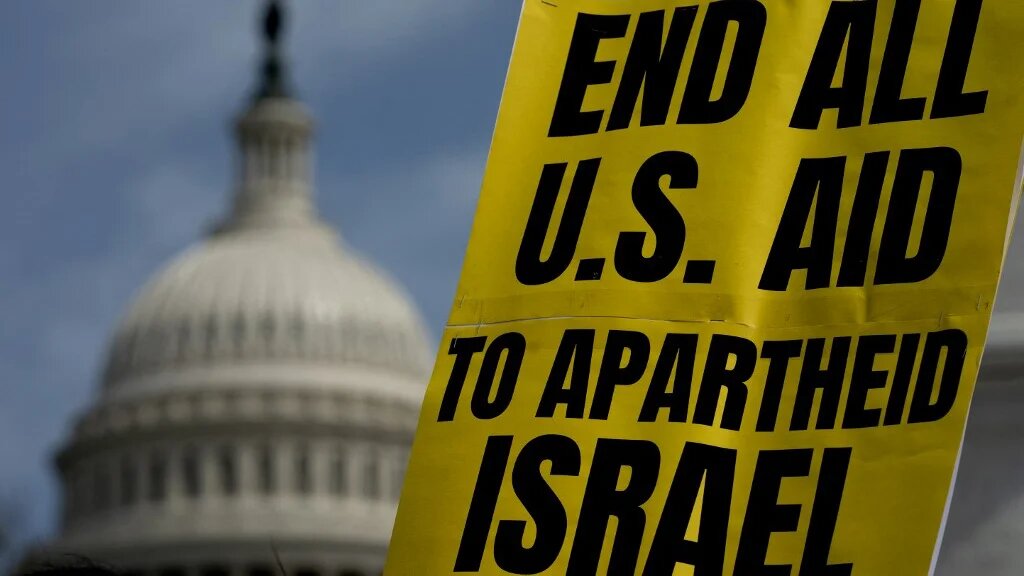 Protesters criticise Israeli apartheid outside the US Capitol in Washington, DC, on 30 April 2022 (Stefani Reynolds/AFP)