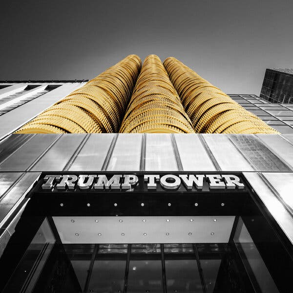 An illustration of Trump Tower with a stack of gold coins above the doorway.