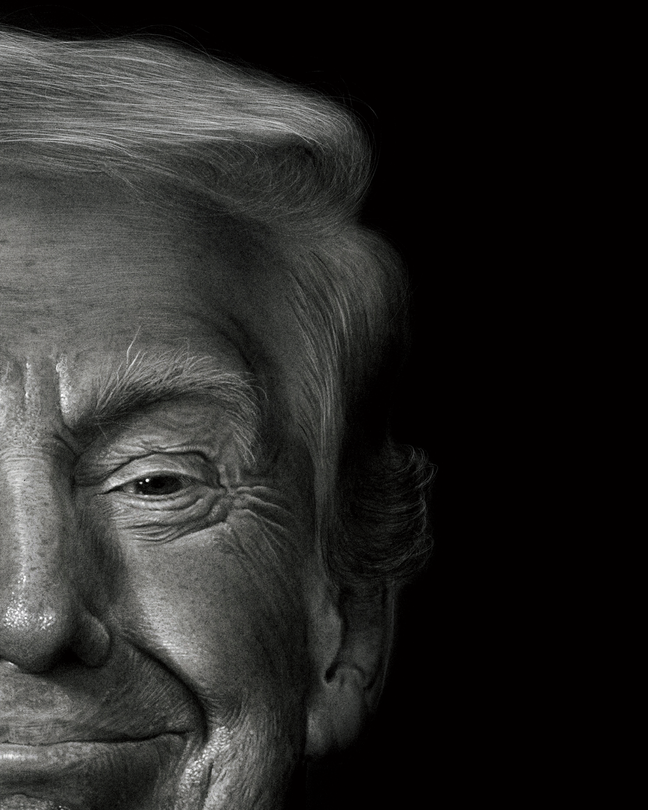 A black-and-white image of a smirking Donald Trump, cropped to half of his face.