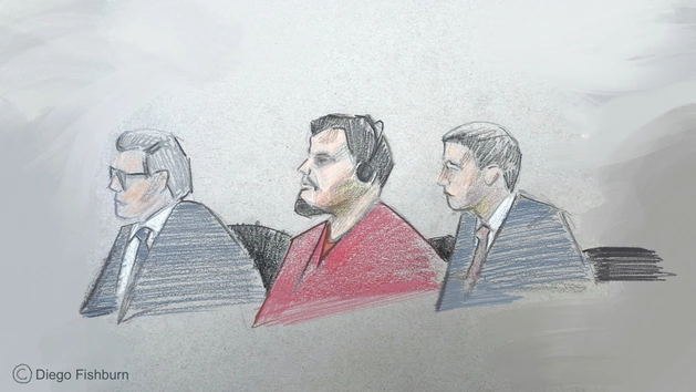 A courtroom sketch depicts attorney Sean Hecker, Kilmar Abrego Garcia and attorney Rascoe Dean in court during Garcia's detention hearing.