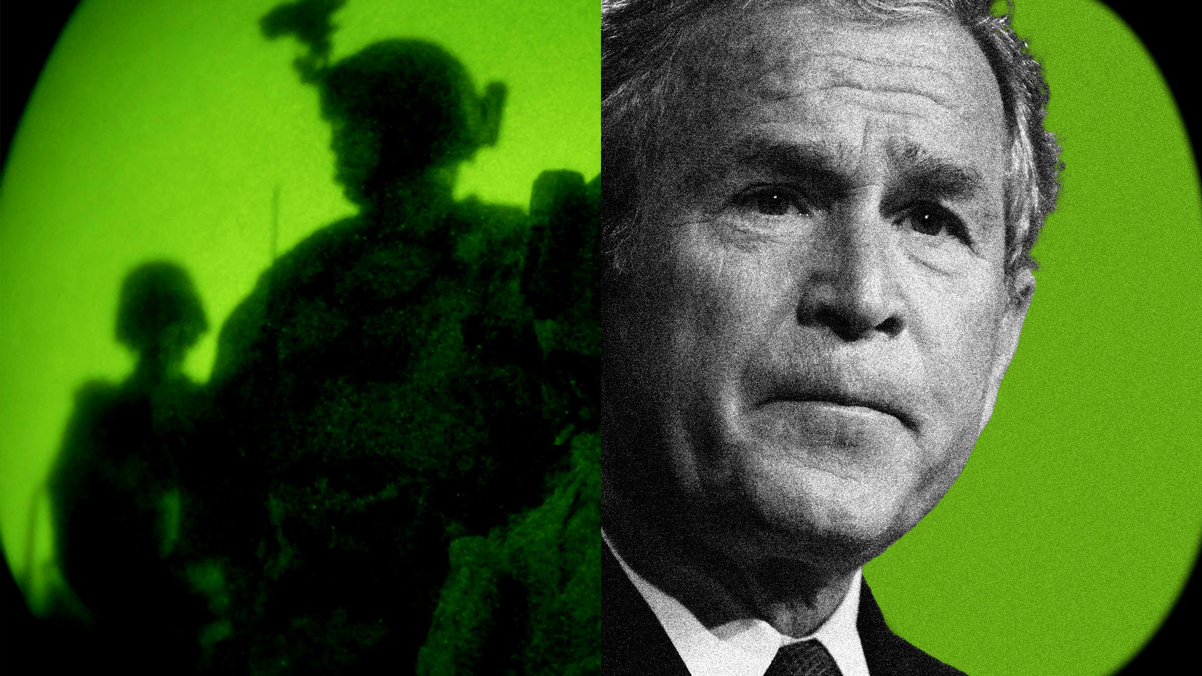 Image may contain George W. Bush Photography Face Head Person Portrait Adult Frown Sad Green and People
