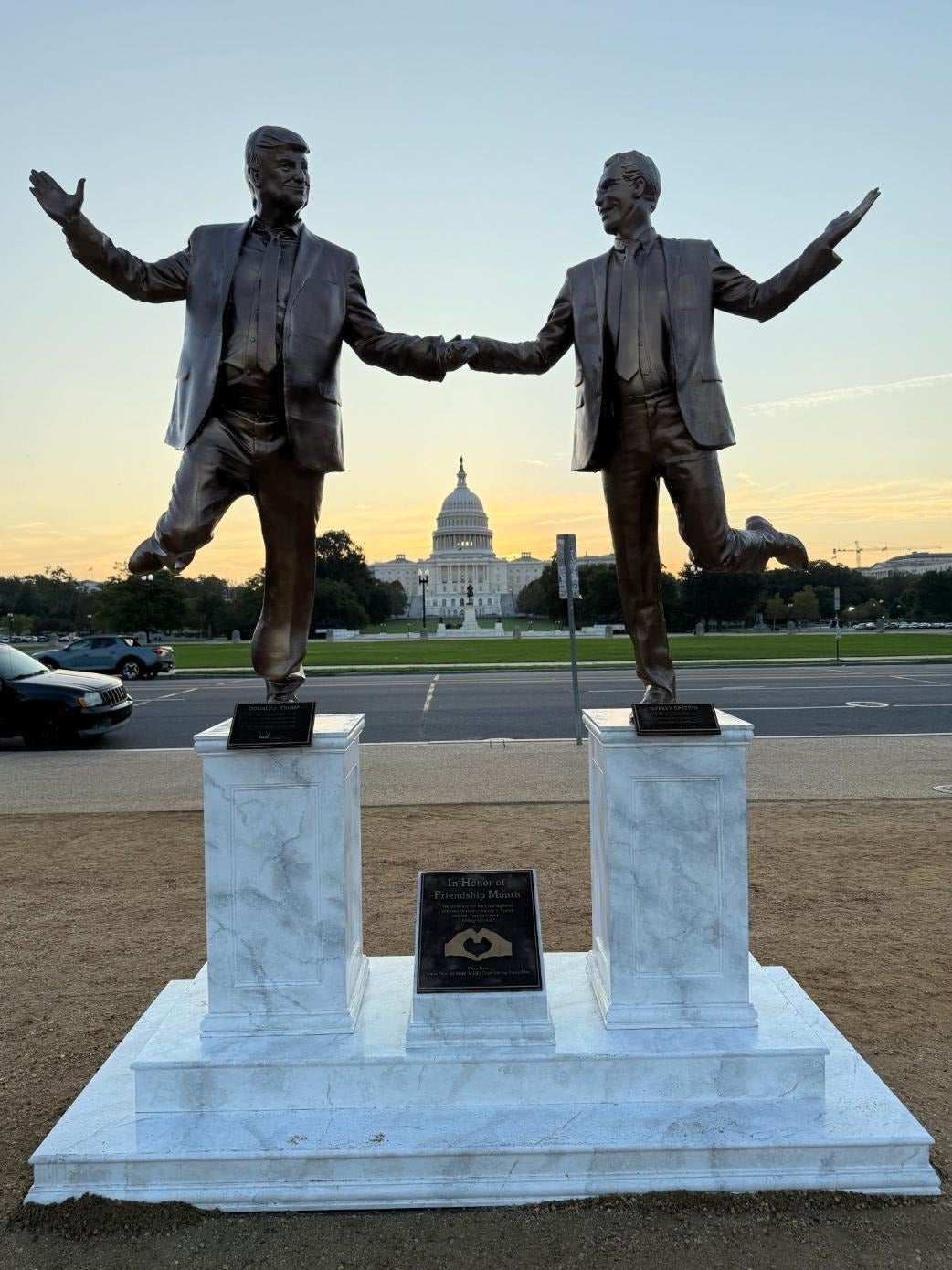 New statue of Donald Trump and Jeffrey Epstein holding hands crops up on the National Mall during Friendship Month