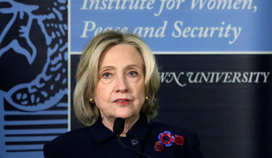 Former U.S. Secretary of State Hillary Clinton delivers keynote remarks during a discussion at Georgetown University Washington, DC, Tuesday.