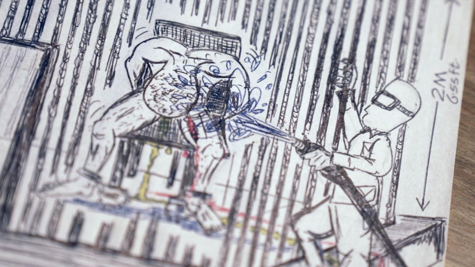 An illustration shows a man tied to a chair, bending forward, as his face is sprayed