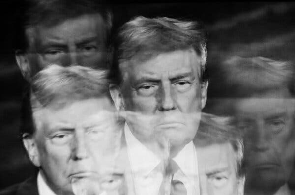 A photo of a stern-looking President Trump is overlaid multiple times.