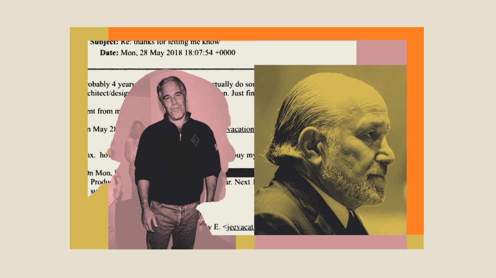 A collage with a central document partially obscured by two portraits and stylized geometric borders. In the background, an email header from May 2018 is visible. Overlaid on the left is a cutout photo of a man with grey hair, a slight smile, and arms at his sides, wearing a black quarter-zip sweater and jeans. To the right is a close-up profile portrait of a bearded man with thinning hair, rendered in a yellow tint. The composition is framed by overlapping blocks of gold, orange, and pink.