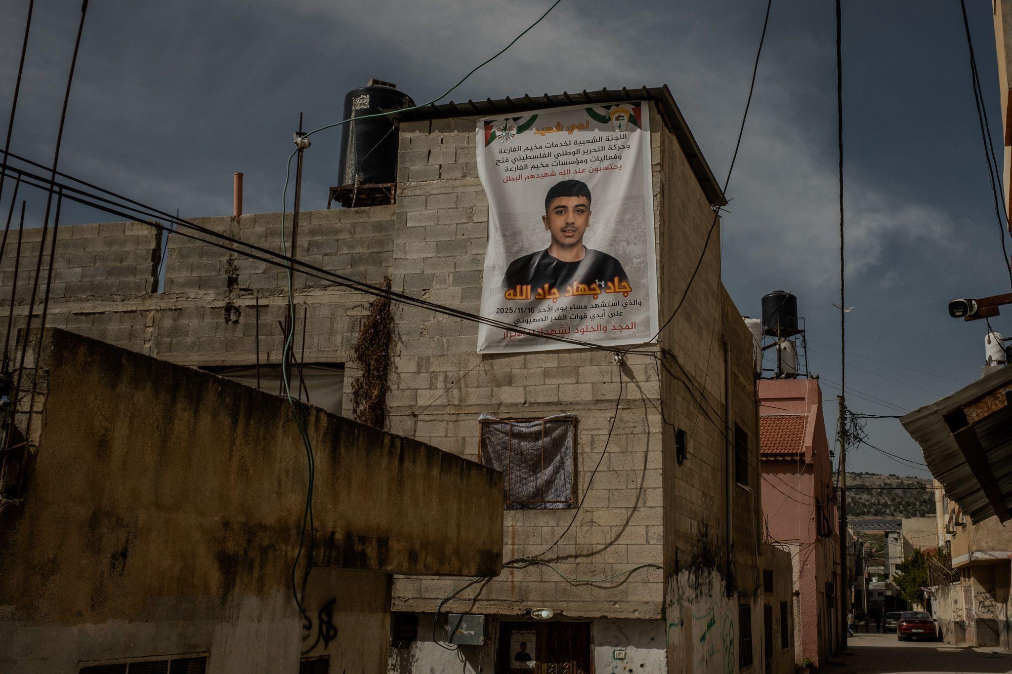 A large poster of Jad hangs from the ceiling of his family home in in al-Far'a refugee camp, in the occupied West Bank