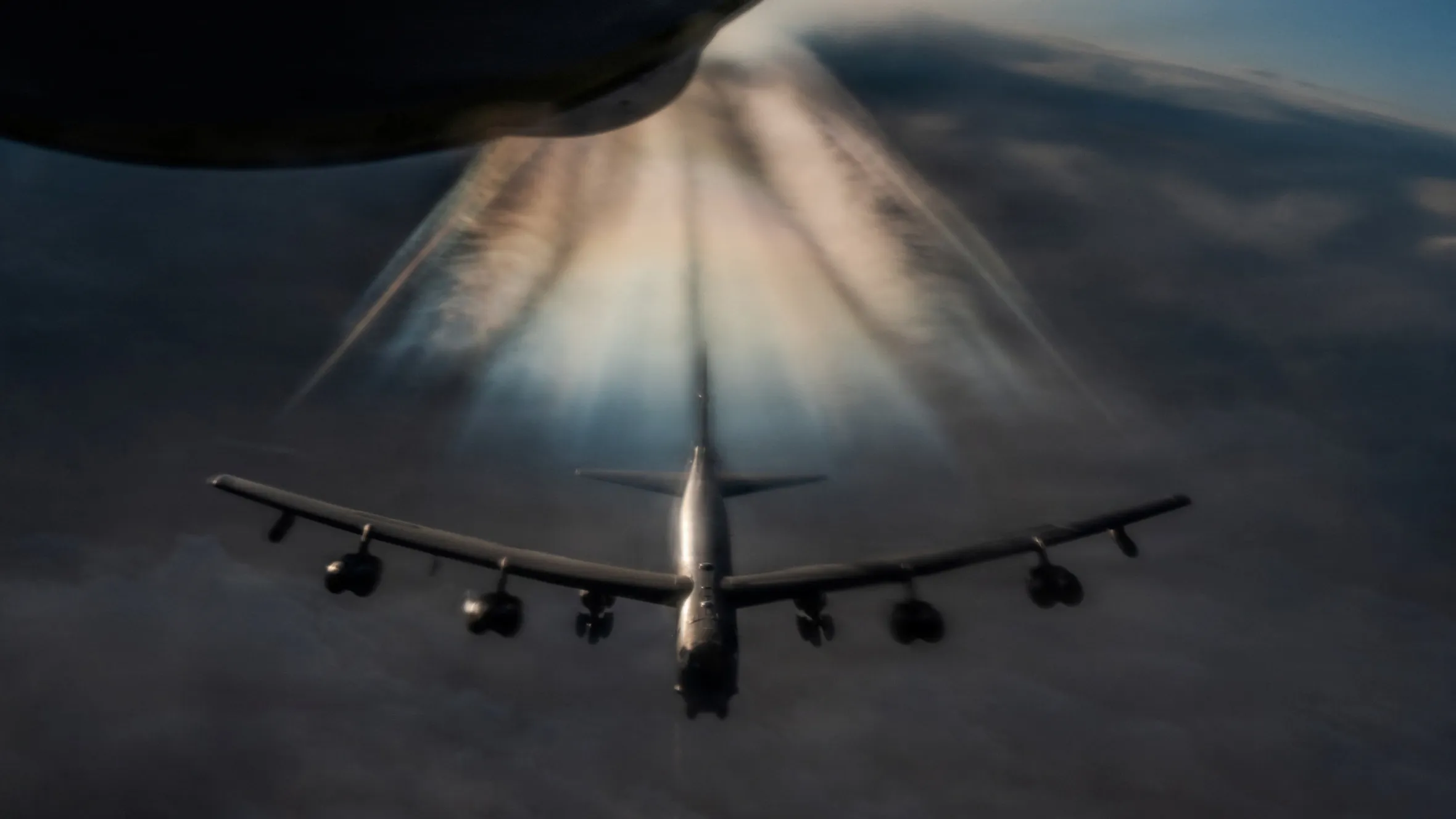 A U.S. Air Force KC-135 Stratotanker aircraft refuels a B-52H Stratofortress bomber during the Operation Epic Fury attack on Iran.