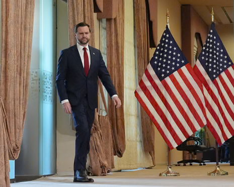 US vice-president JD Vance arrives for a news conference in Islamabad, Pakistan