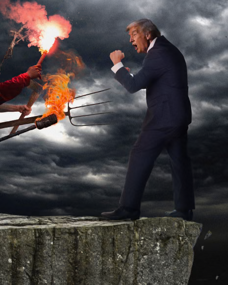 illustration of donald trump backed to the edge of a cliff by burning torches and pitchforks