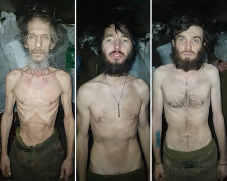 Three pale and malnourished men with prominent ribcages and thin arms