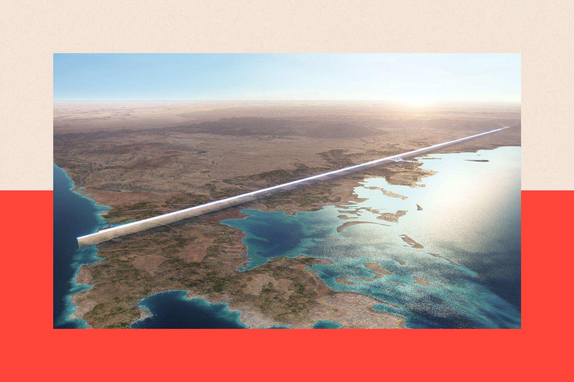 A computer-generated image showing a white line crossing Saudi land by the sea