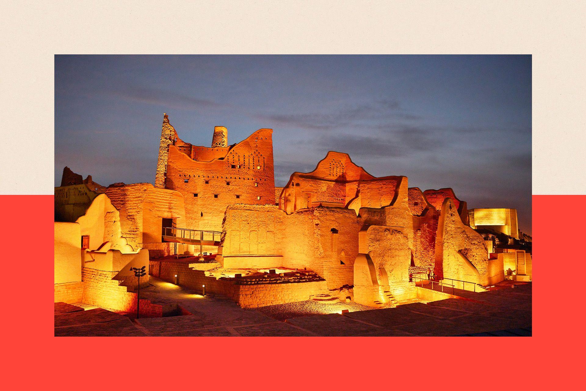 Illuminated 18th-century mud-brick architecture that served as original home of Saudi royal family and is now UNESCO World Heritage Site