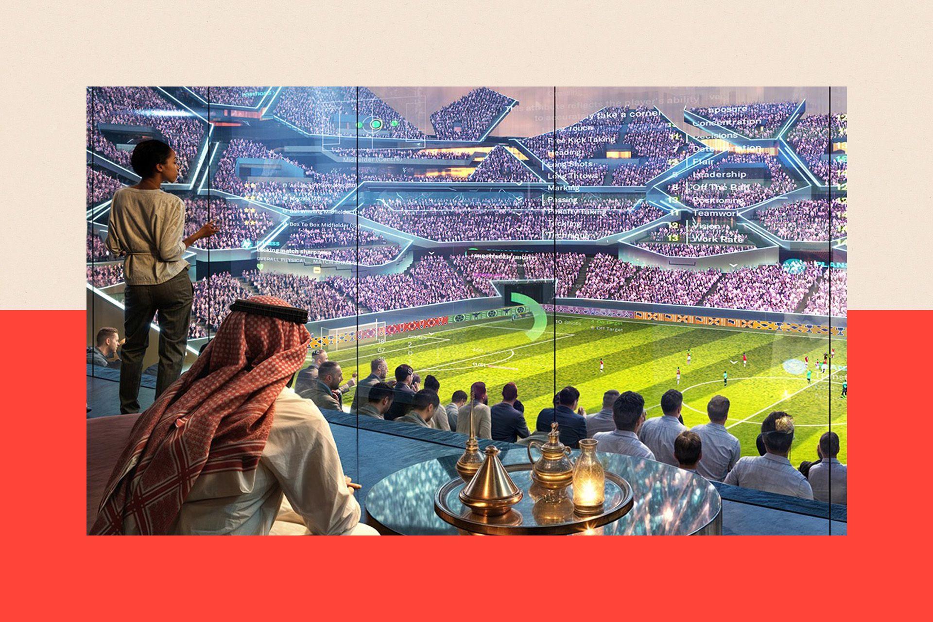 A computer-generated image showing a man in traditional Saudi dress and a woman in Western clothing overlooking a large football stadium