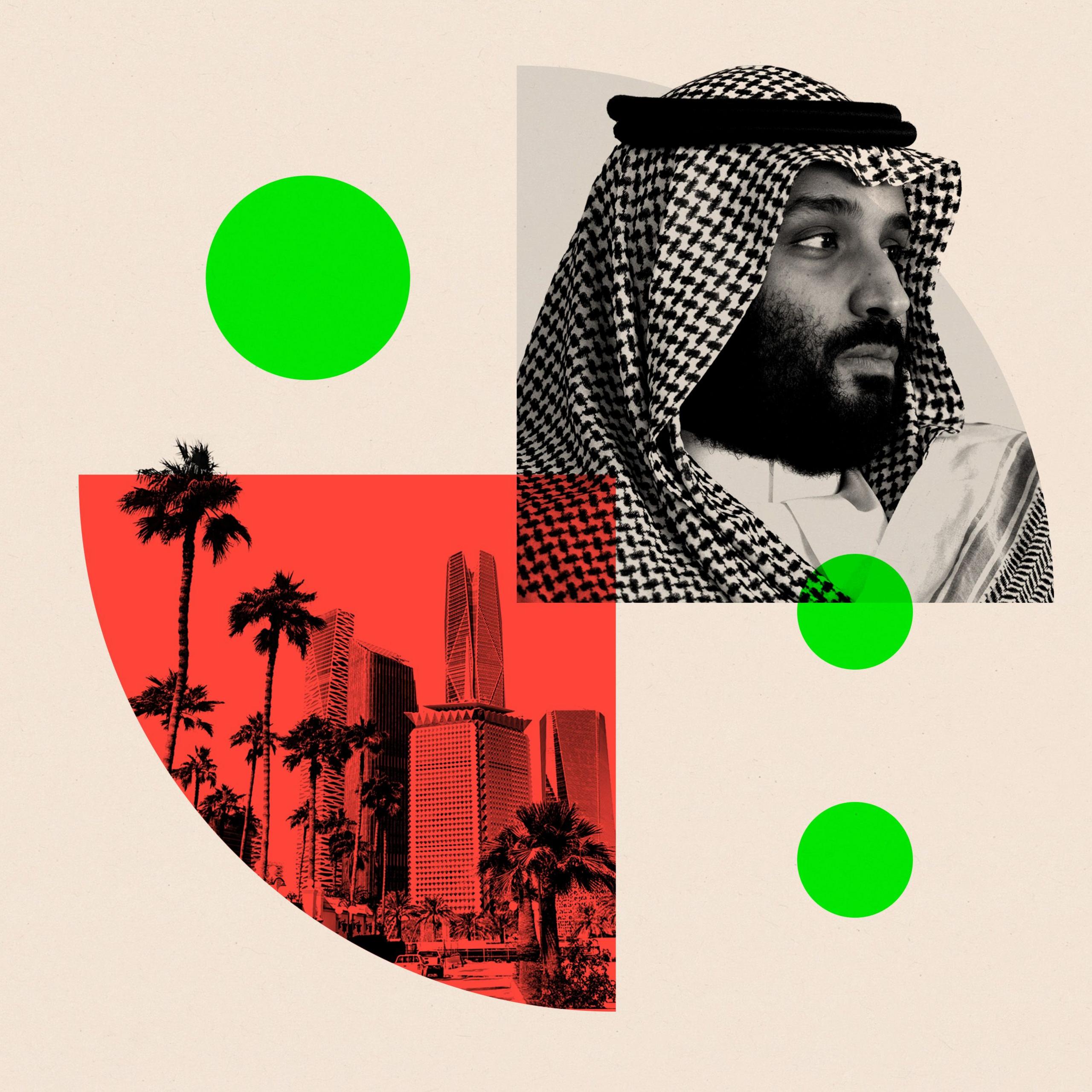 A composite image showing  Crown Prince of Saudi Arabia Mohammed bin Salman and a city with palm trees