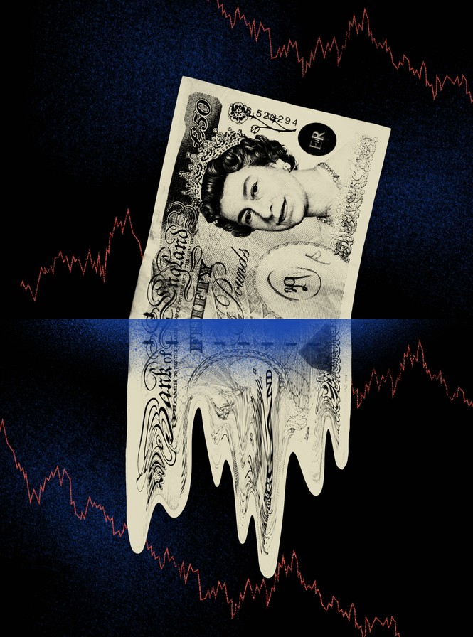 illustration of British 50-pound note melting through blue line on black background with jagged declining red lines