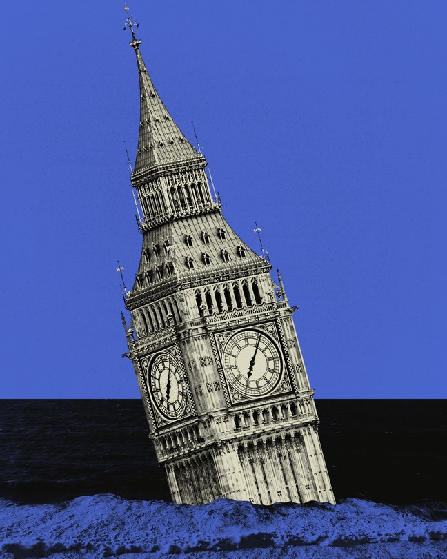 illustration with Big Ben clocktower sinking beneath waves at angle on purple and black background