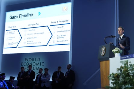 Jared Kushner speaks at a lectern while a slideshow demonstrates the BoP’s intended ‘Gaza timeline’