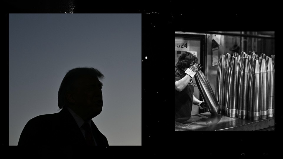 A silhouette of Trump next to an image of a US munitions factory