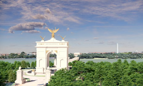 Rendering of Trump's proposed 'Independence Arch,' a white arch with golden angel statues
