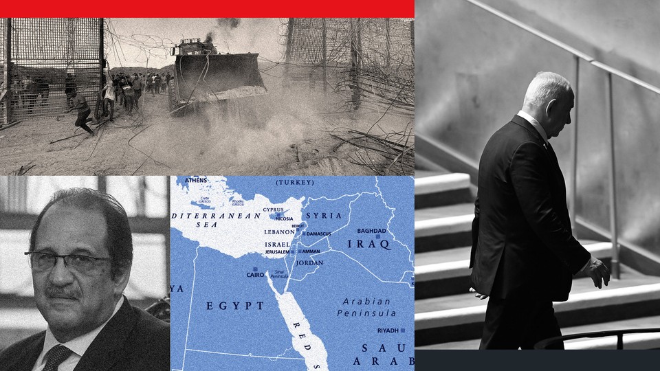 A photo montage of a bulldozer in Gaza, Egyptian intelligence chief Abbas Kamel, and Israeli Prime Minister Benjamin Netanyahu