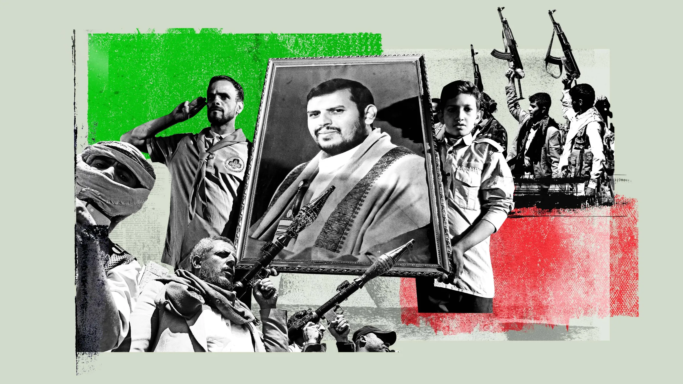 Collage of illustrations depicting Houthi fighters in Yemen, featuring a portrait of leader Abdul-Malik al-Houthi.