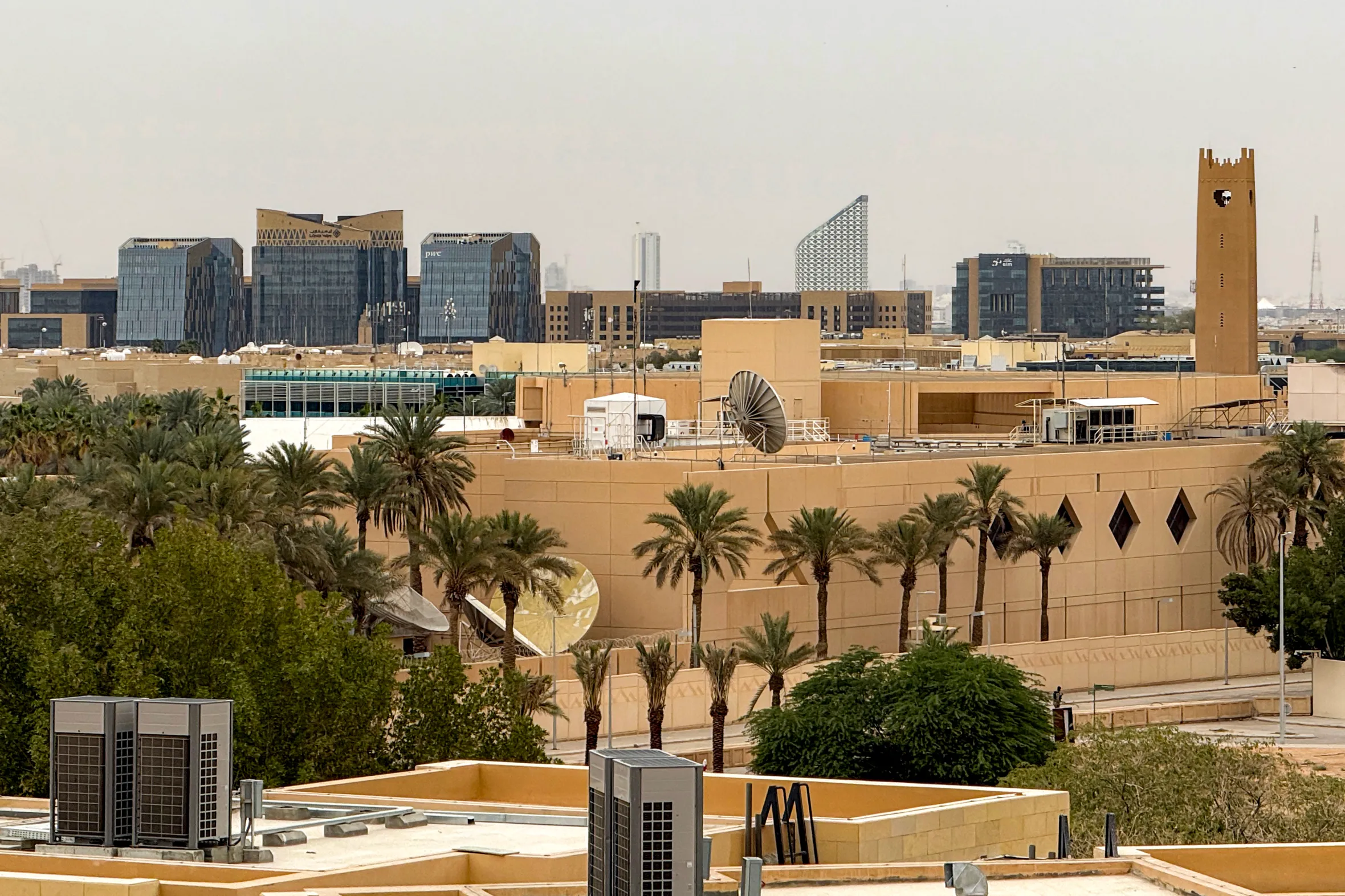 The US embassy headquarters in Riyadh following a drone strike.
