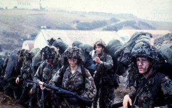 The British Task Force at San Carlos during the Falklands War in 1982