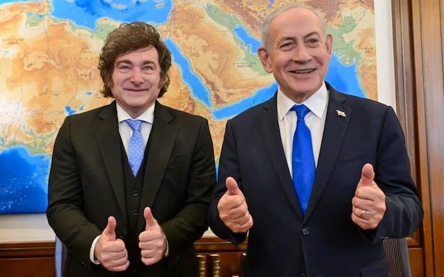 Javier Milei, the Argentine president, with Israeli prime minister Benjamin Netanyahu in April